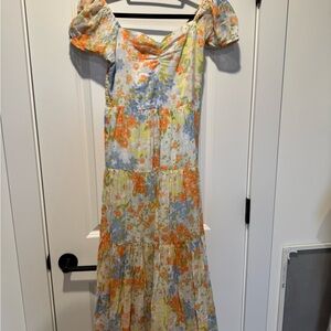 Billabong Floral Puff Sleeve Midi Dress in Blue, Orange, and Cream| Size S